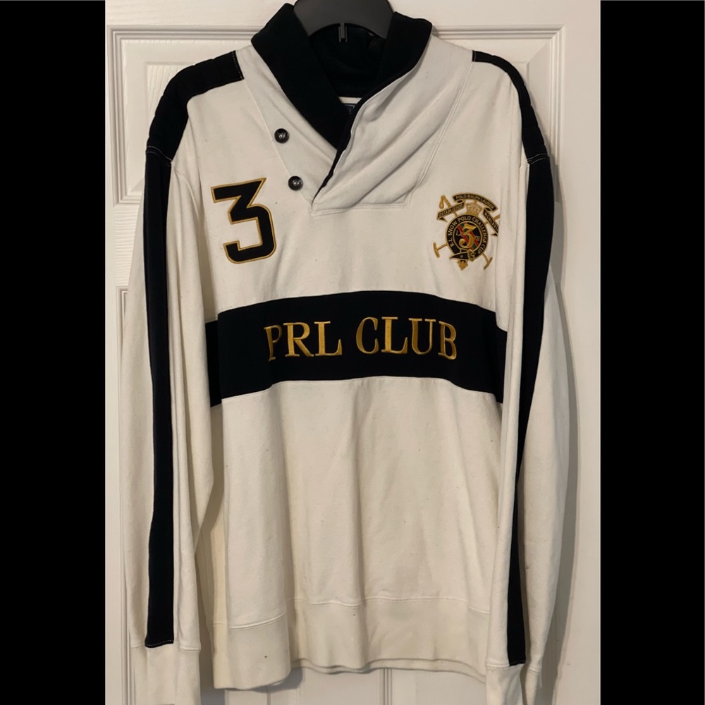 Crème, Black, and Gold 2X Ralph Lauren Polo Shawl Collar Sweater.